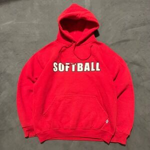 VTG Y2K Russell Athletic Softball‎ Deep Red Heavyweight Pullover Hoodie Medium